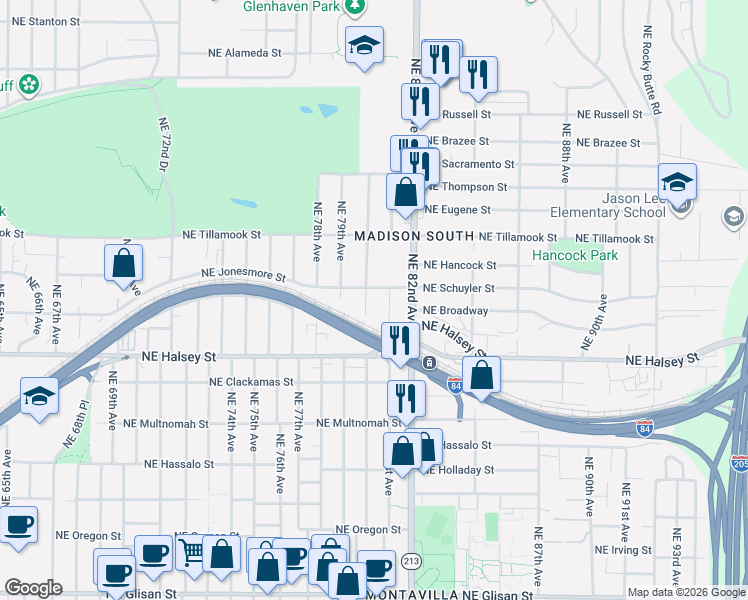 map of restaurants, bars, coffee shops, grocery stores, and more near 8106 Northeast Schuyler Street in Portland