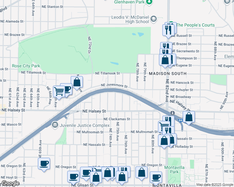 map of restaurants, bars, coffee shops, grocery stores, and more near 7508 Northeast Broadway in Portland