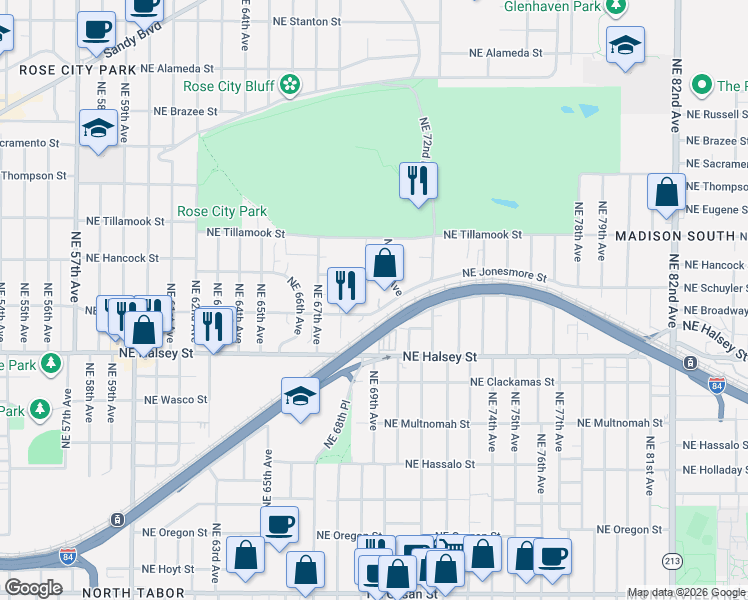 map of restaurants, bars, coffee shops, grocery stores, and more near 6921 Northeast Broadway in Portland