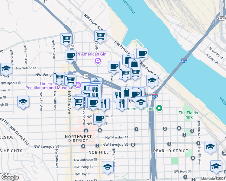 map of restaurants, bars, coffee shops, grocery stores, and more near 1900-1970 NW Thurman St in Portland
