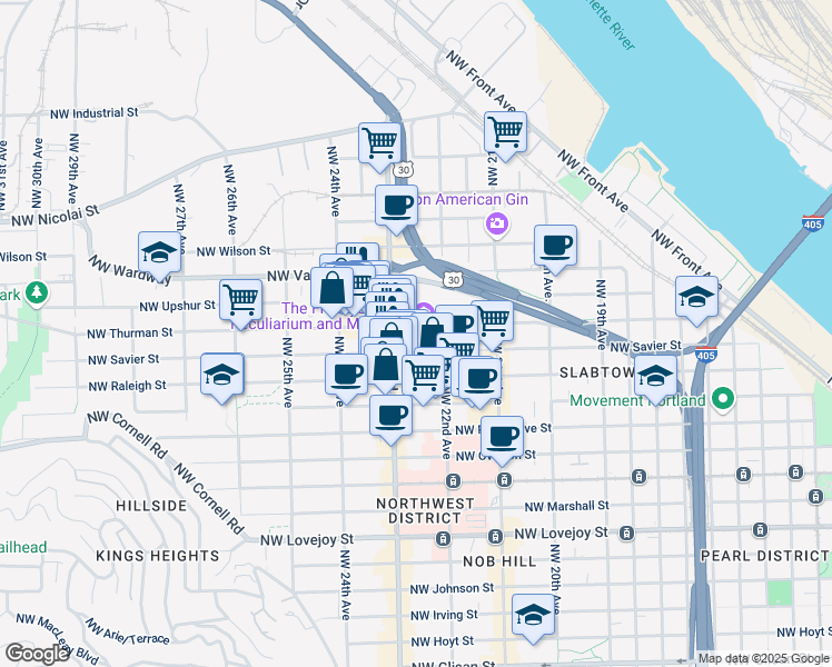map of restaurants, bars, coffee shops, grocery stores, and more near in Portland