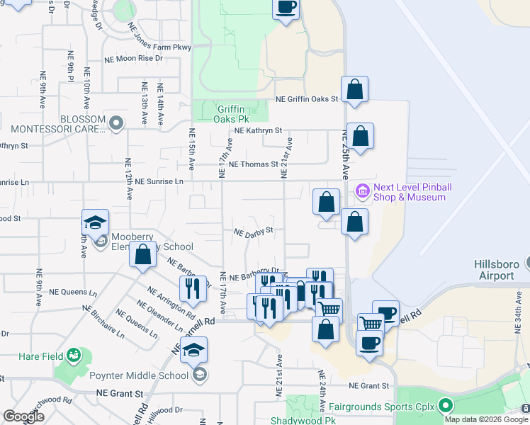 map of restaurants, bars, coffee shops, grocery stores, and more near 1969 Northeast Darby Street in Hillsboro