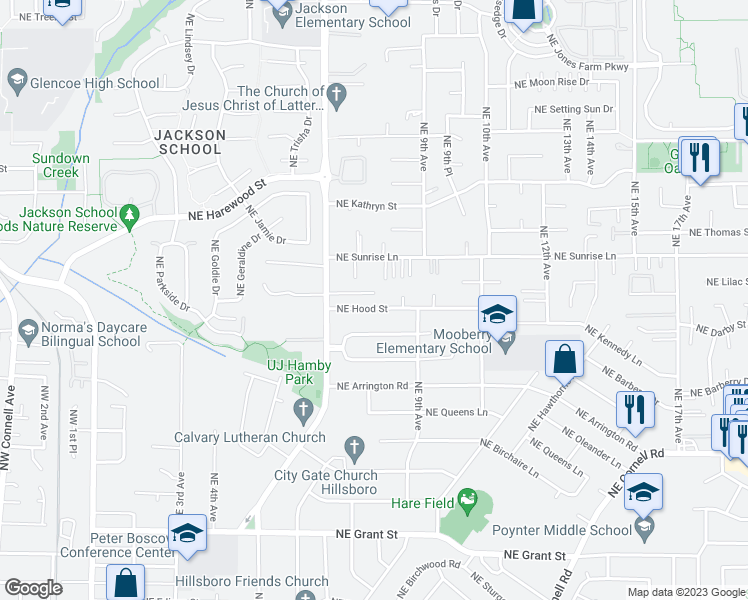 map of restaurants, bars, coffee shops, grocery stores, and more near 789 NE Hood St in Hillsboro