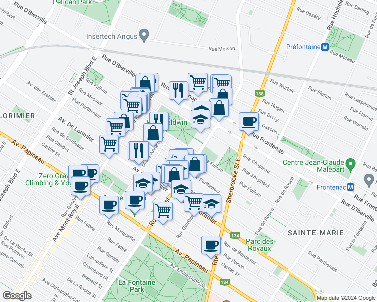 map of restaurants, bars, coffee shops, grocery stores, and more near 4212 Rue Fullum in Montréal