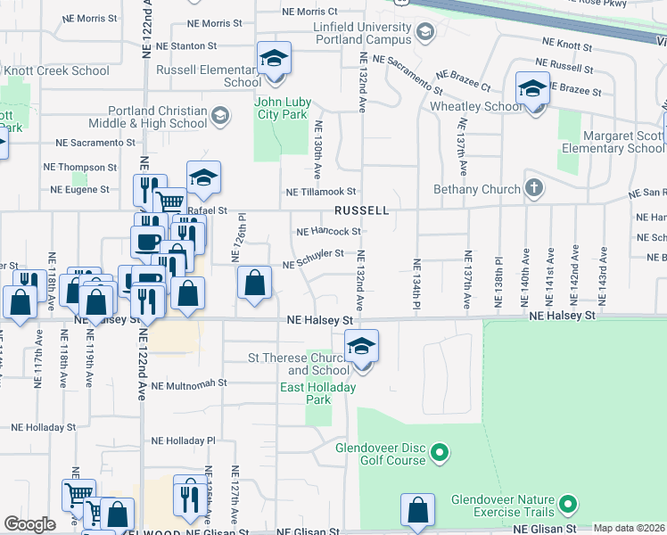 map of restaurants, bars, coffee shops, grocery stores, and more near 13029 Northeast Broadway Street in Portland