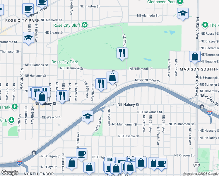 map of restaurants, bars, coffee shops, grocery stores, and more near 6921 Northeast Broadway in Portland