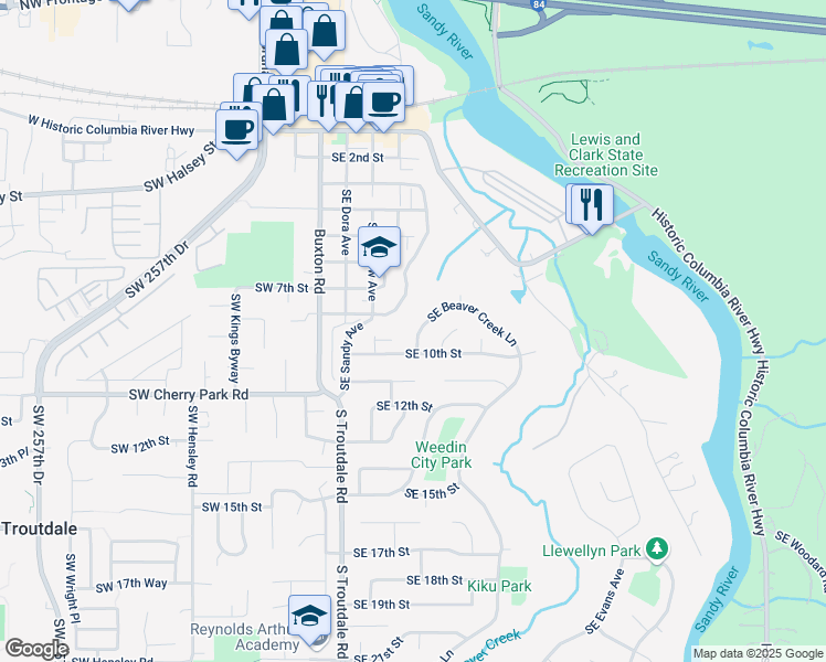 map of restaurants, bars, coffee shops, grocery stores, and more near 546 Southeast Beaver Creek Lane in Troutdale