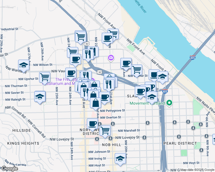 map of restaurants, bars, coffee shops, grocery stores, and more near 2121 Northwest Savier Street in Portland
