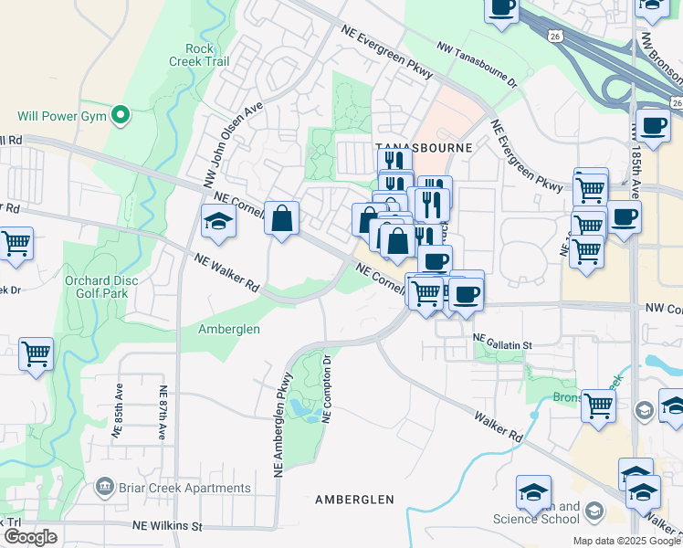 map of restaurants, bars, coffee shops, grocery stores, and more near 2615 Northeast Amberglen Parkway in Hillsboro