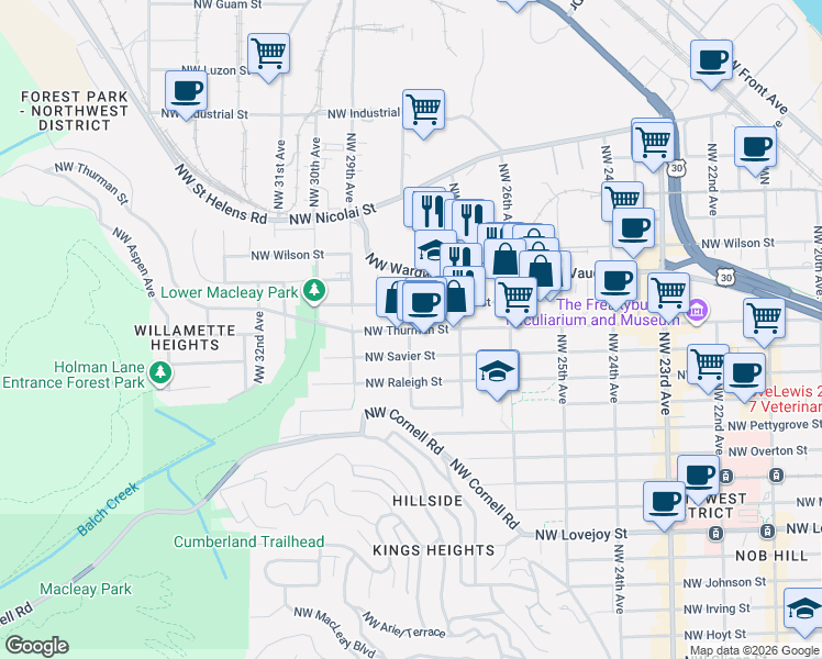 map of restaurants, bars, coffee shops, grocery stores, and more near 2795 Northwest Thurman Street in Portland
