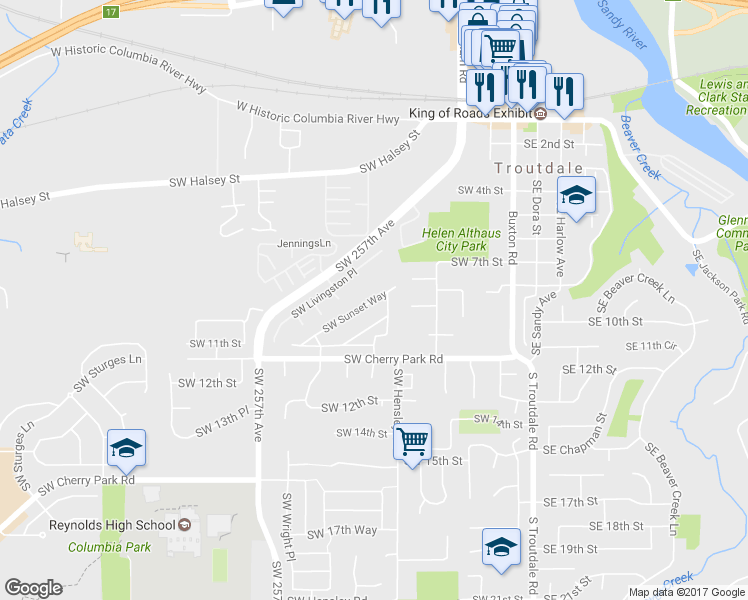 map of restaurants, bars, coffee shops, grocery stores, and more near 672 Southwest Sunset Way in Troutdale