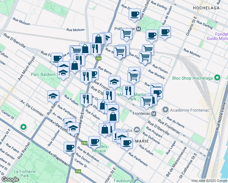 map of restaurants, bars, coffee shops, grocery stores, and more near 2391 Rue Frontenac in Montréal