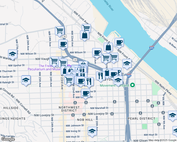 map of restaurants, bars, coffee shops, grocery stores, and more near 2055 Northwest Savier Street in Portland