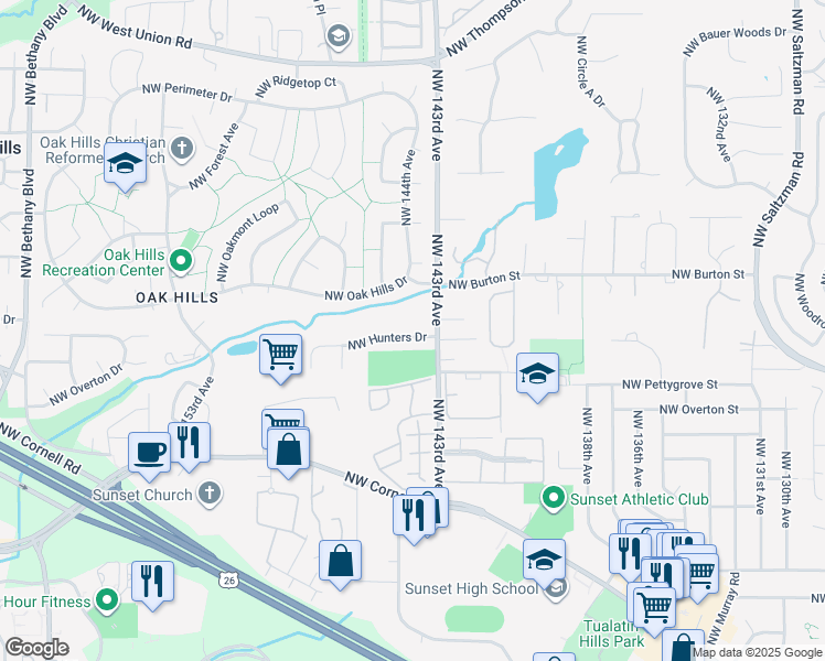 map of restaurants, bars, coffee shops, grocery stores, and more near 14423 Northwest Hunters Drive in Beaverton