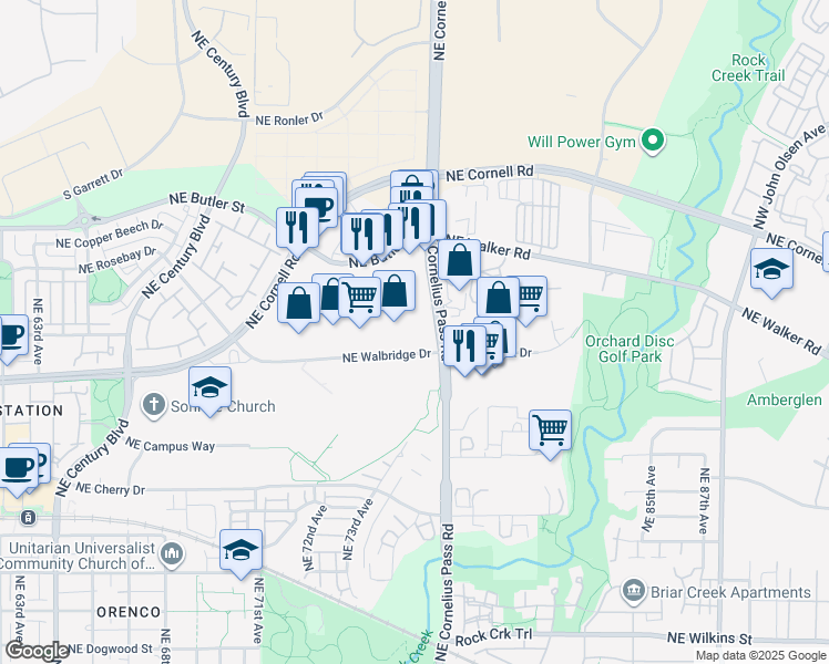 map of restaurants, bars, coffee shops, grocery stores, and more near 7360 Northeast Butler Street in Hillsboro