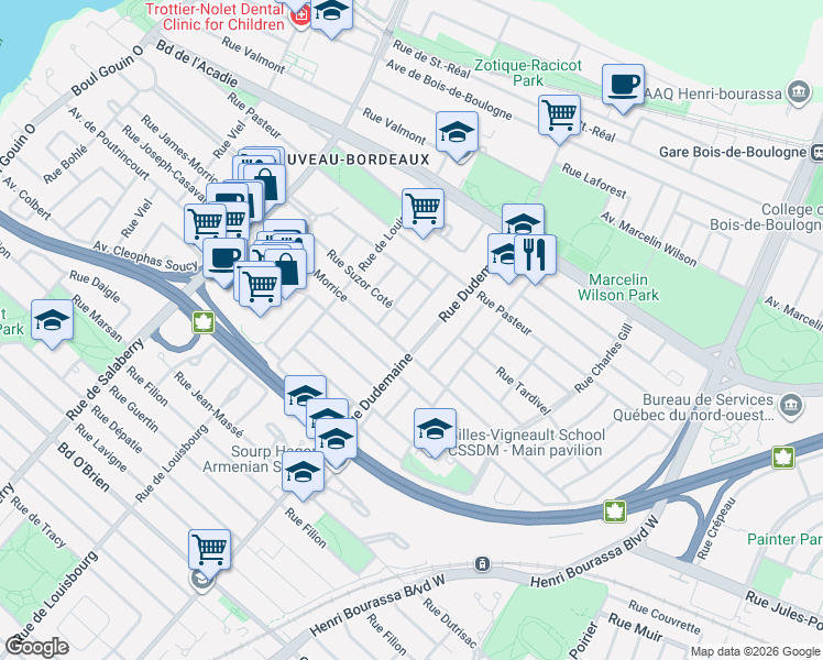 map of restaurants, bars, coffee shops, grocery stores, and more near 2400 Avenue Laure Conan in Montréal