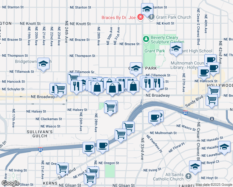 map of restaurants, bars, coffee shops, grocery stores, and more near 3104 Northeast Schuyler Street in Portland