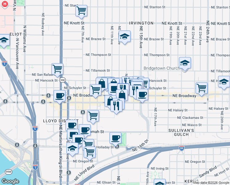 map of restaurants, bars, coffee shops, grocery stores, and more near 1205 Northeast Broadway in Portland