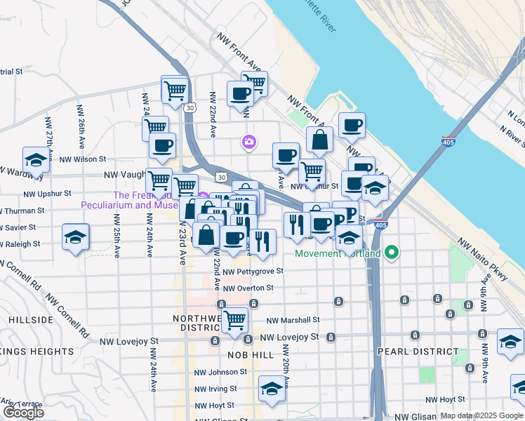 map of restaurants, bars, coffee shops, grocery stores, and more near 2055 Northwest Savier Street in Portland