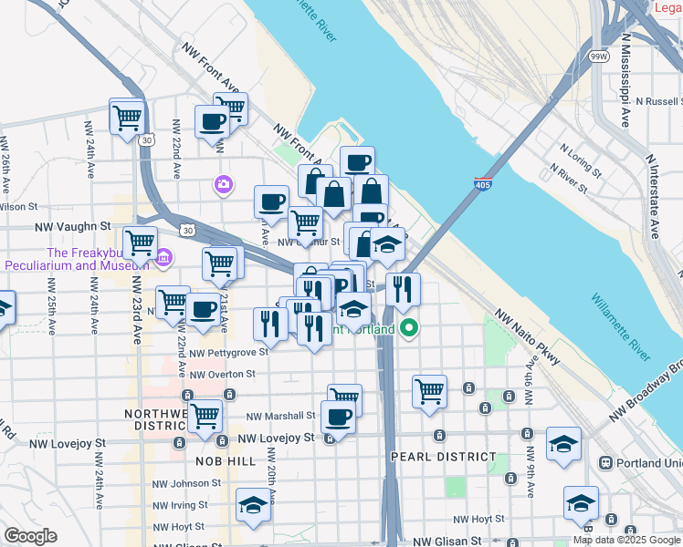 map of restaurants, bars, coffee shops, grocery stores, and more near 1700 Northwest Thurman Street in Portland