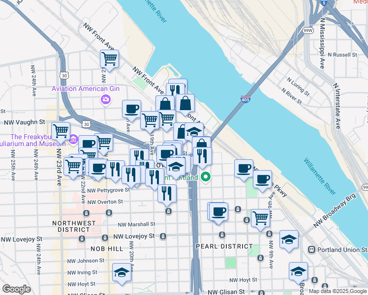 map of restaurants, bars, coffee shops, grocery stores, and more near 1703 Northwest 16th Avenue in Portland