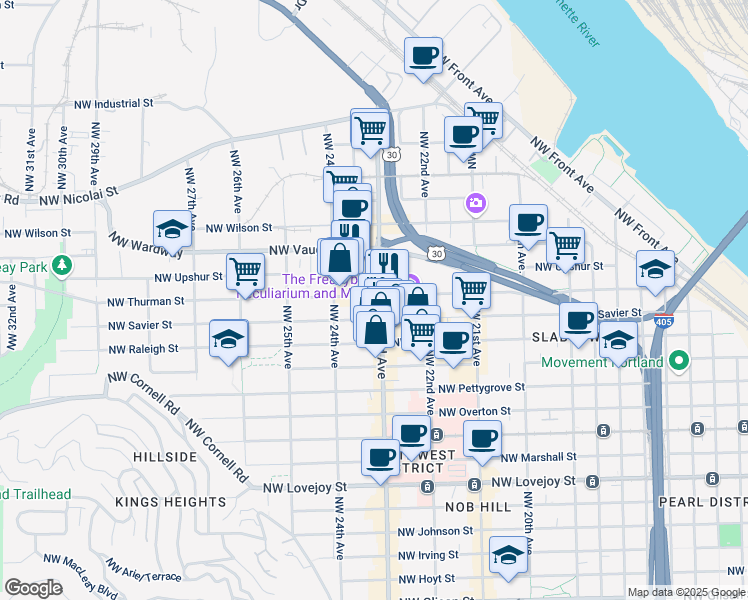map of restaurants, bars, coffee shops, grocery stores, and more near in Portland