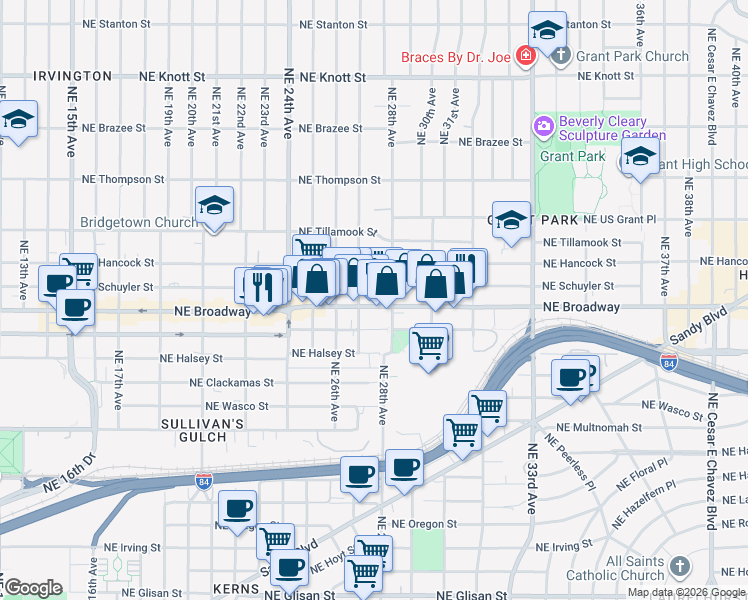 map of restaurants, bars, coffee shops, grocery stores, and more near in Portland