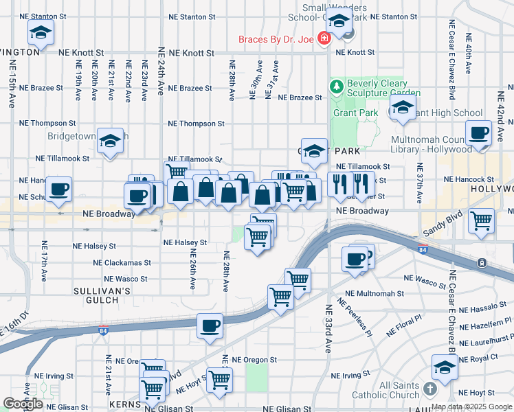 map of restaurants, bars, coffee shops, grocery stores, and more near 2916 Northeast Schuyler Street in Portland
