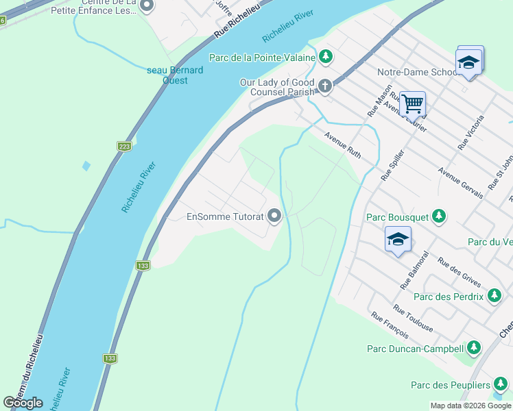 map of restaurants, bars, coffee shops, grocery stores, and more near 2581 Boulevard Dormicour in Otterburn Park