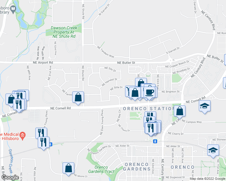 map of restaurants, bars, coffee shops, grocery stores, and more near 1438 Northeast Stile Drive in Hillsboro