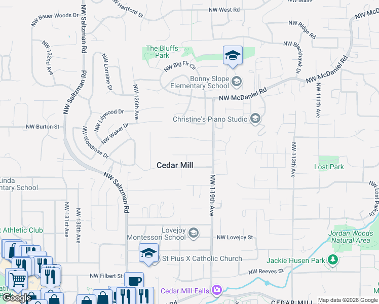 map of restaurants, bars, coffee shops, grocery stores, and more near 12115 Northwest Old Quarry Road in Portland