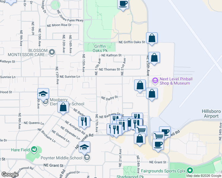 map of restaurants, bars, coffee shops, grocery stores, and more near 1969 Northeast Darby Street in Hillsboro