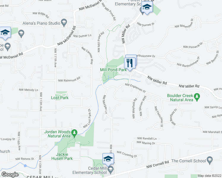 map of restaurants, bars, coffee shops, grocery stores, and more near 1713 Northwest Mill Pond Road in Portland