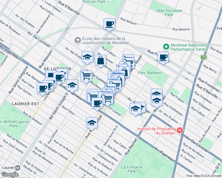 map of restaurants, bars, coffee shops, grocery stores, and more near 4536 Avenue De Lorimier in Montréal
