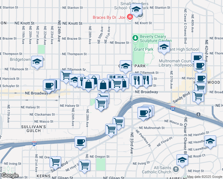 map of restaurants, bars, coffee shops, grocery stores, and more near 3104 Northeast Schuyler Street in Portland