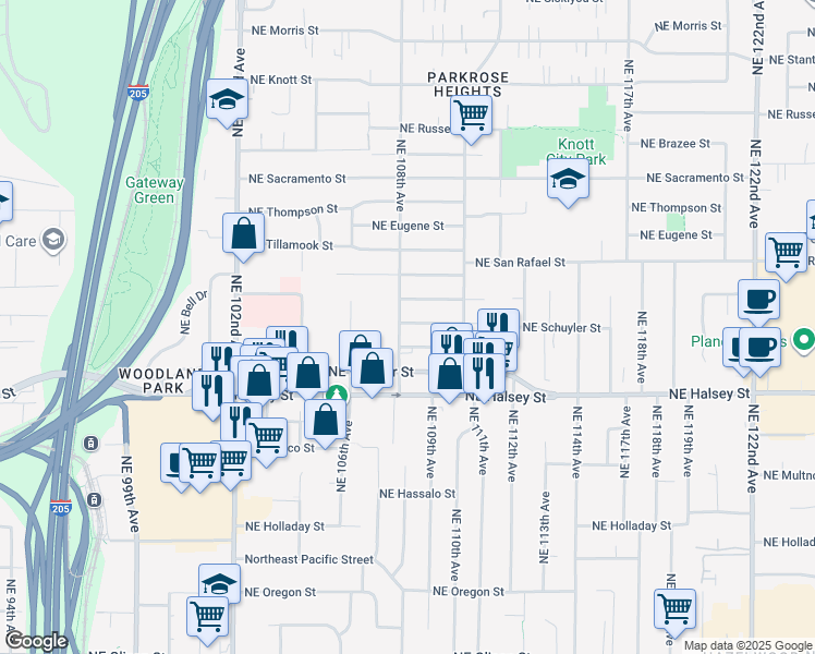 map of restaurants, bars, coffee shops, grocery stores, and more near 10810 Northeast Schuyler Street in Portland