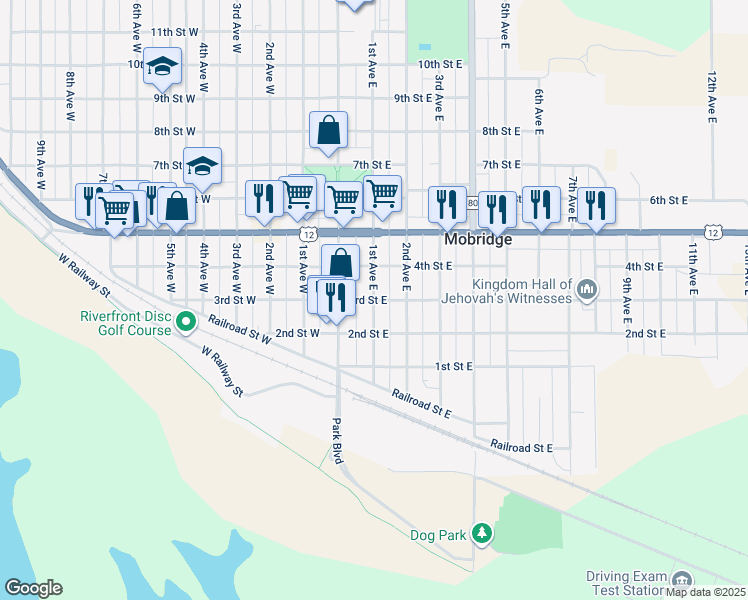 map of restaurants, bars, coffee shops, grocery stores, and more near 301 1st Avenue East in Mobridge