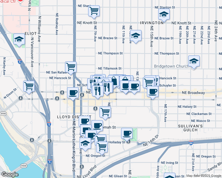 map of restaurants, bars, coffee shops, grocery stores, and more near in Portland