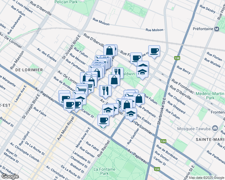 map of restaurants, bars, coffee shops, grocery stores, and more near in Montréal