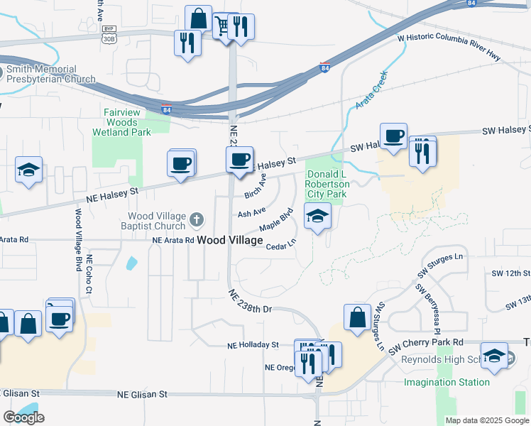 map of restaurants, bars, coffee shops, grocery stores, and more near 113 Ash Avenue in Wood Village