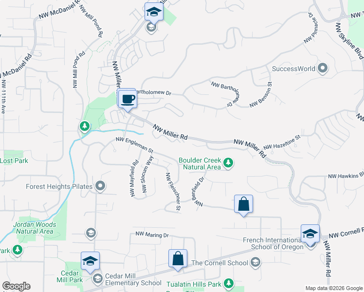 map of restaurants, bars, coffee shops, grocery stores, and more near 1719 Northwest Miller Hill Court in Portland