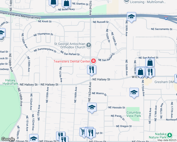map of restaurants, bars, coffee shops, grocery stores, and more near 1749 Northeast 162nd Avenue in Portland