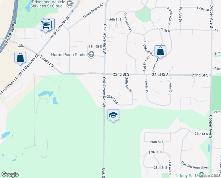map of restaurants, bars, coffee shops, grocery stores, and more near 2248 County Road 136 in St. Cloud