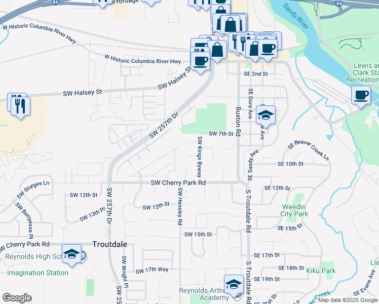 map of restaurants, bars, coffee shops, grocery stores, and more near 503 SW 9th Cir in Troutdale