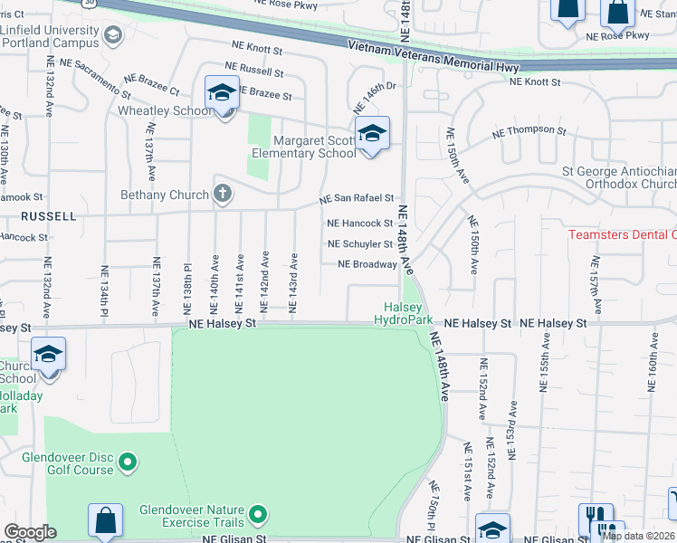 map of restaurants, bars, coffee shops, grocery stores, and more near 1670 Northeast 144th Avenue in Portland