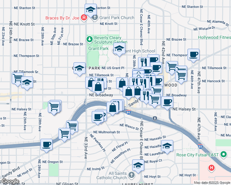 map of restaurants, bars, coffee shops, grocery stores, and more near 3568 Northeast Schuyler Street in Portland