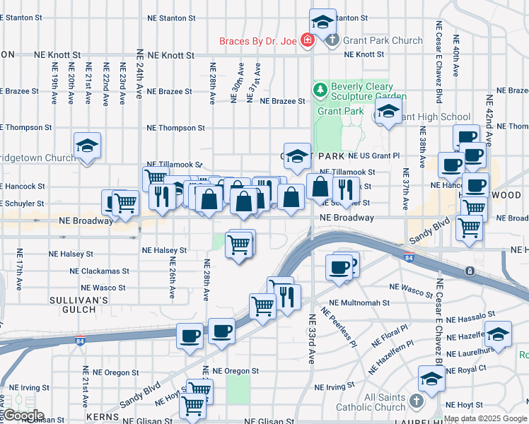 map of restaurants, bars, coffee shops, grocery stores, and more near 3104 Northeast Schuyler Street in Portland