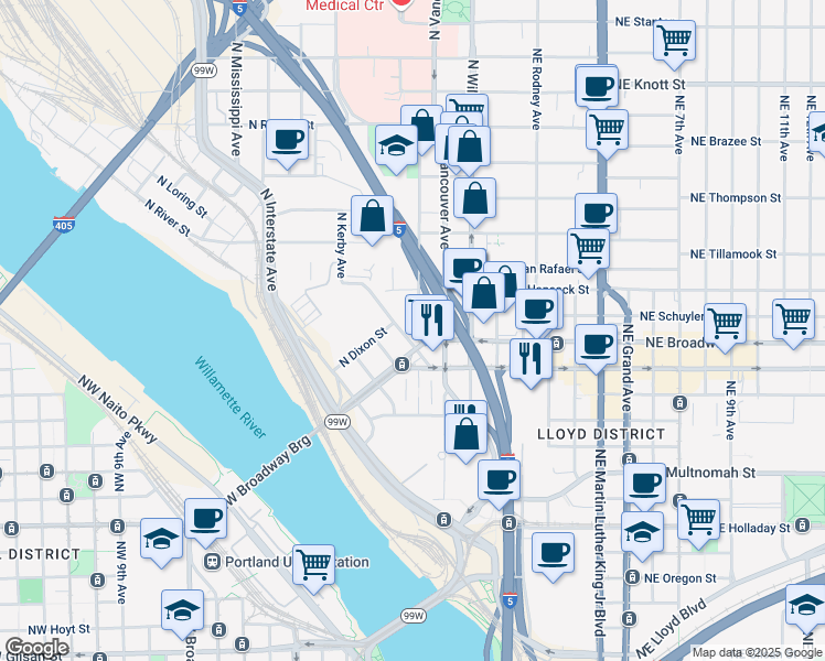 map of restaurants, bars, coffee shops, grocery stores, and more near 1730 North Flint Avenue in Portland