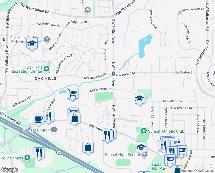 map of restaurants, bars, coffee shops, grocery stores, and more near 14423 Northwest Hunters Drive in Beaverton