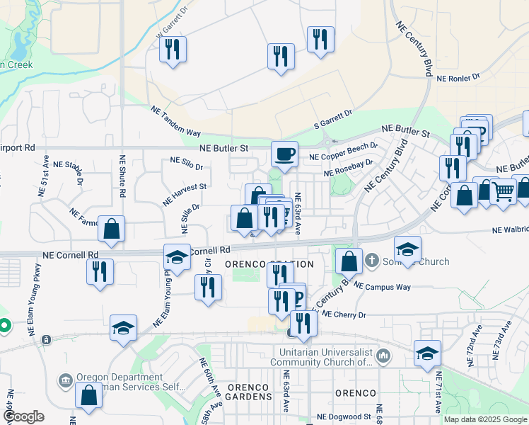 map of restaurants, bars, coffee shops, grocery stores, and more near 1505 Northeast Orenco Station Parkway in Hillsboro